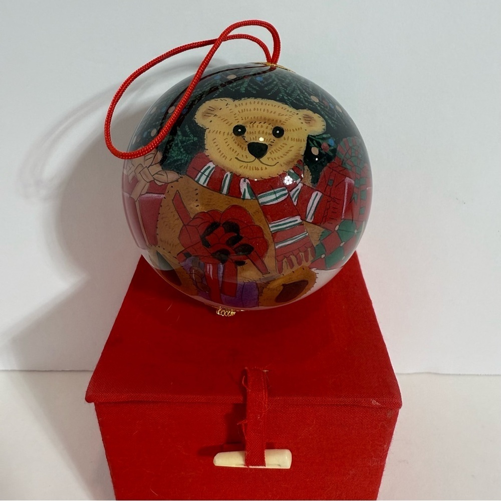 Christmas House Hand Painted Large Glass Ornament Teddy Bear Red Box